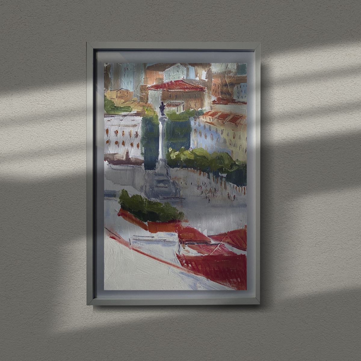 Pintura paisaje al óleo sobre lienzo 'Plaza de Rossio'